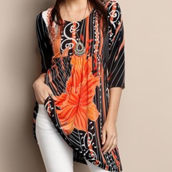Reborn Tops - Black & Orange Floral Empire-Waist Tunic PLUS 2X